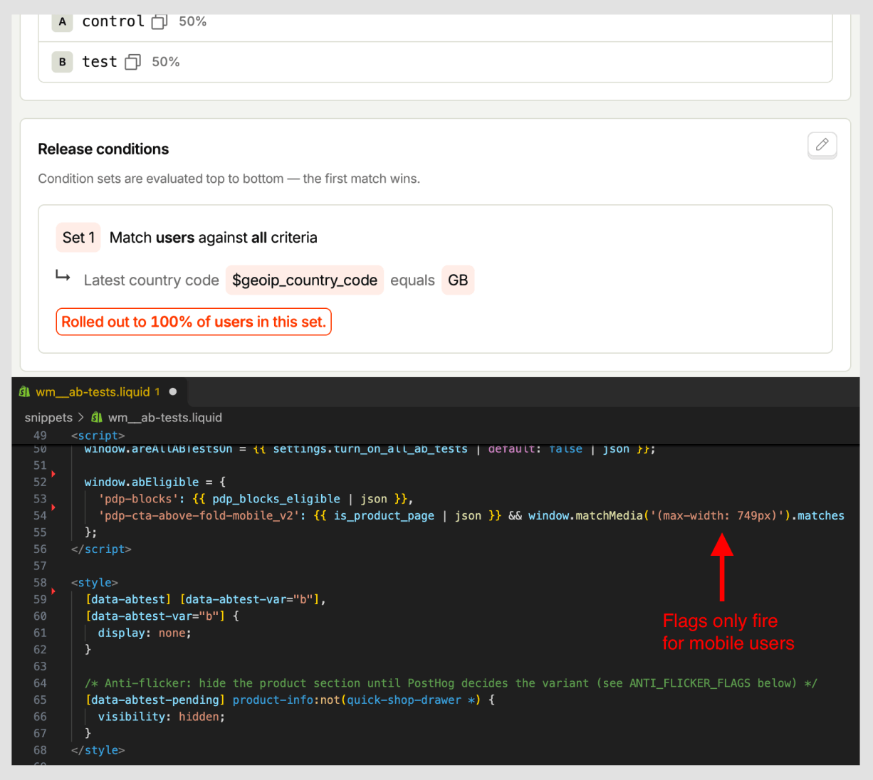 The kind of setup fix behind these rules: the decision-first test's PostHog flag releases only to GB visitors, and the theme only checks it on product pages under 750px wide.