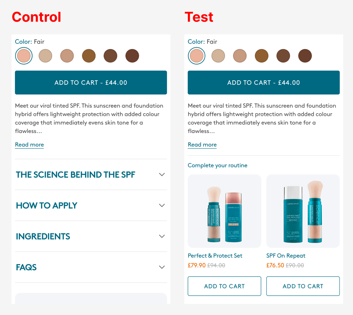 The test added a "Complete your routine" module of discounted kits directly under Add to Cart, each with its own button.