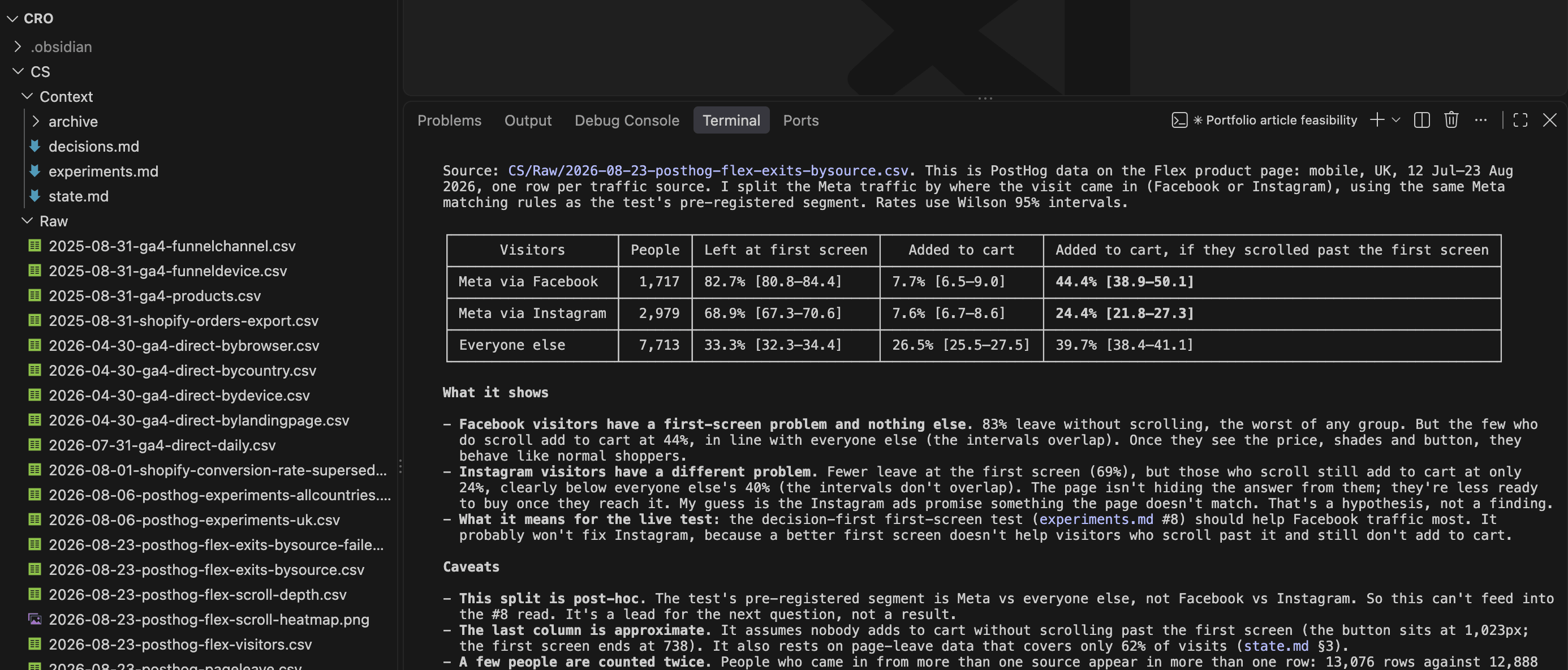 Claude Code in VS Code: dated raw exports in folders on left, and analysis in terminal