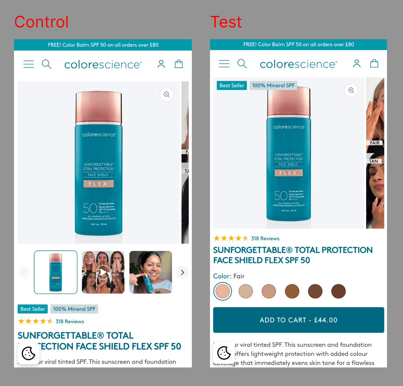 Control vs test: the test moves price, shade swatches and Add to Cart onto the first mobile screen
