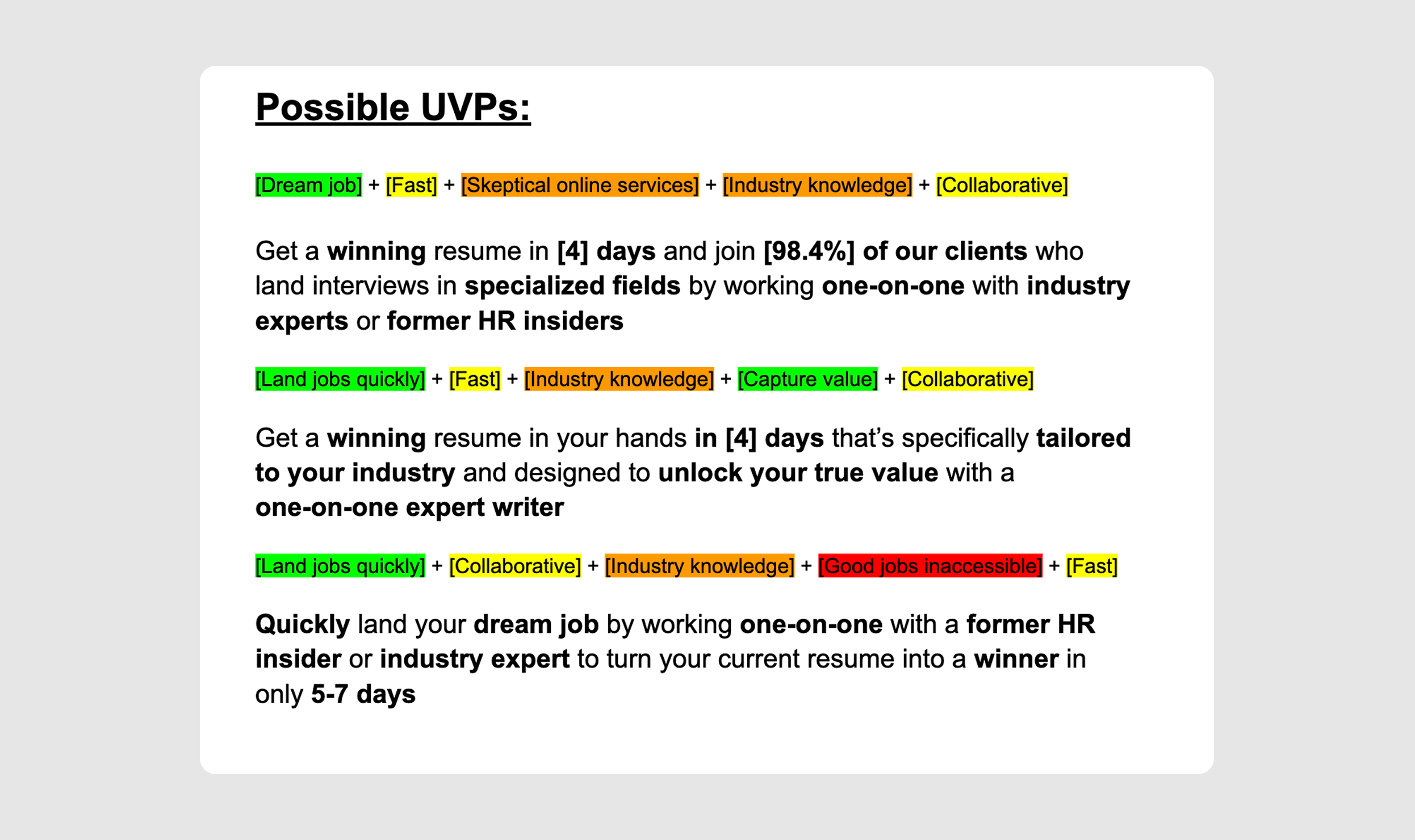 Combining customer research themes into potential UVPs