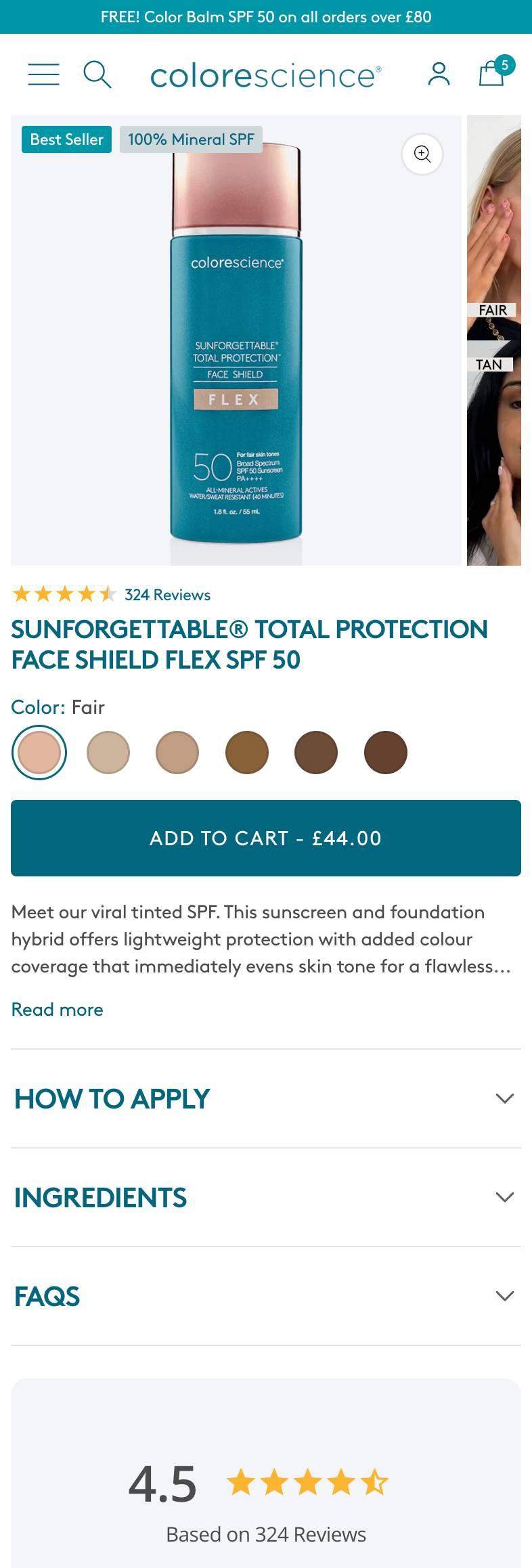 Colorescience UK mobile product page after the Dawn rebuild